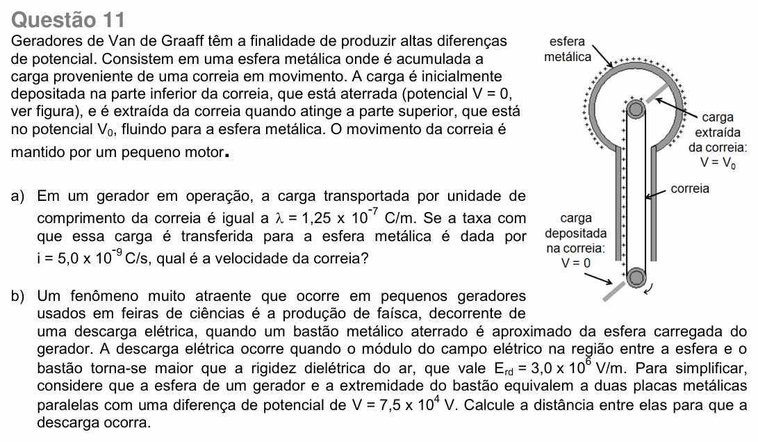 Enunciado da questão 11 de Física do UNICAMP 2018 (2ª fase)