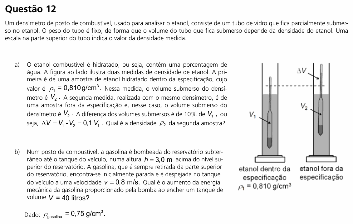 Enunciado da questão 12 de Física do UNICAMP 2020 (2ª fase)