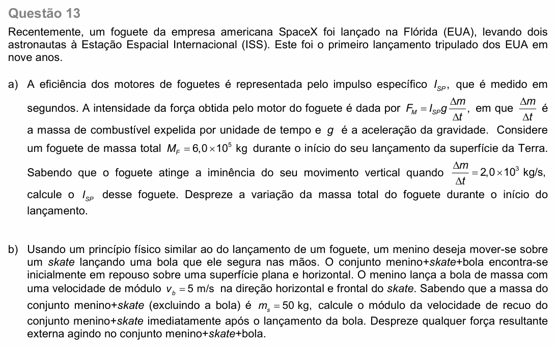 Enunciado da questão 13 de Física do UNICAMP 2021 (2ª fase)