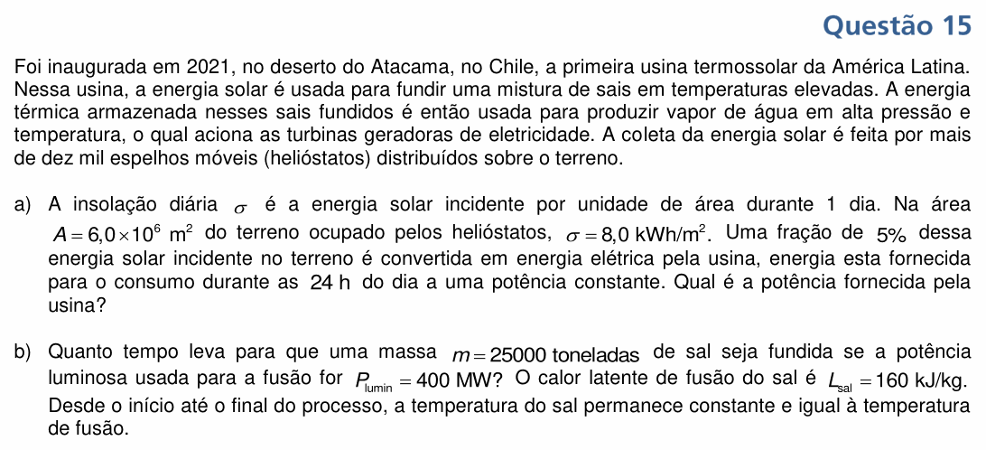 Enunciado da questão 15 de Física do UNICAMP 2022 (2ª fase)
