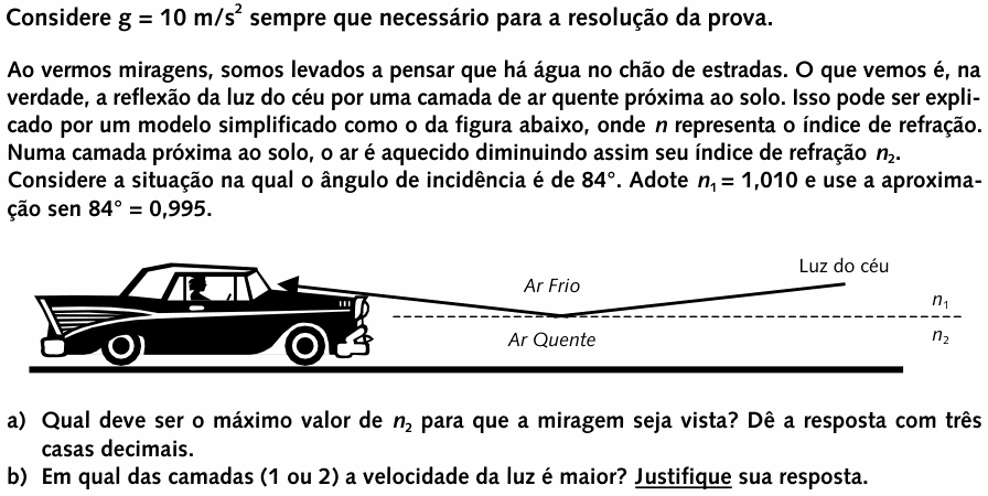 Enunciado da questão 10 de Física do UNICAMP 1999 (2ª fase)