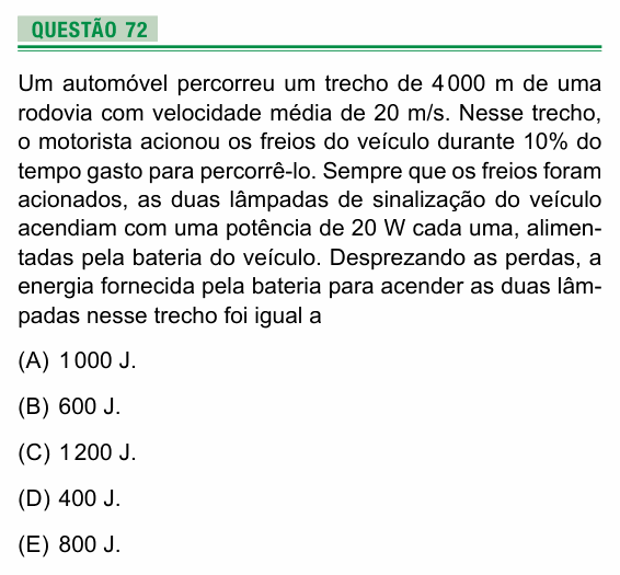 Enunciado da questão 72 de Física do UEA 2017