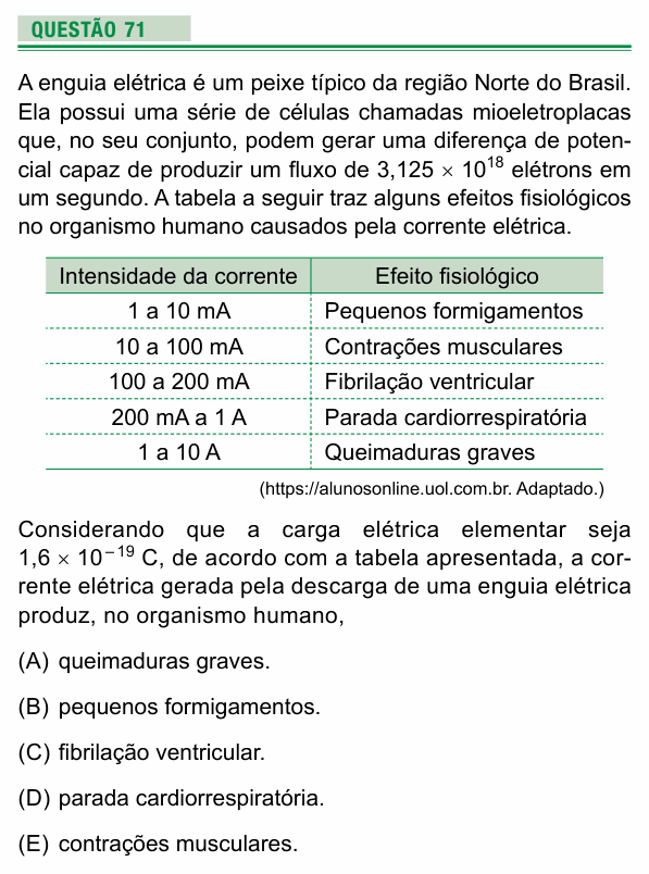 Enunciado da questão 71 de Física do UEA 2019
