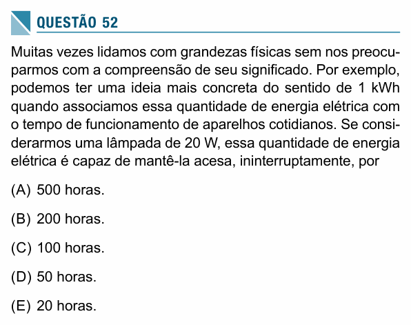 Enunciado da questão 52 de Física do UEA 2019 (SIS, 3ª série)