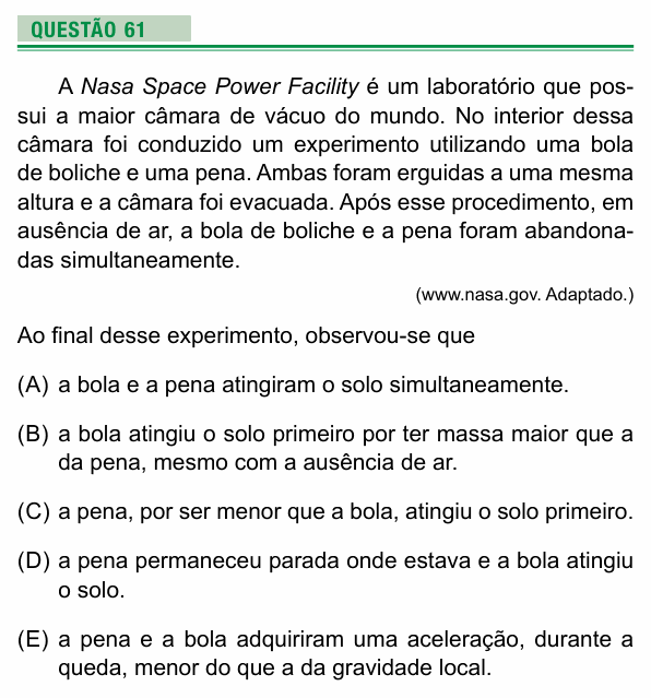 Enunciado da questão 61 de Física do UEA 2021