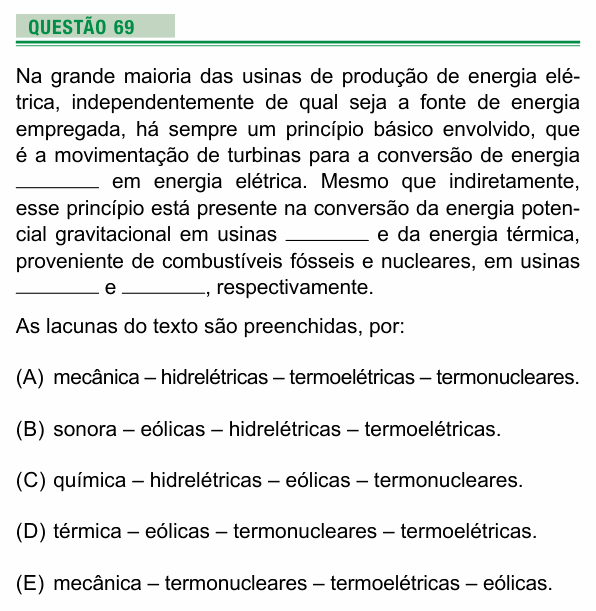 Enunciado da questão 69 de Física do UEA 2024