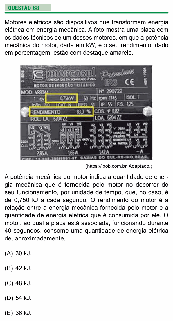 Enunciado da questão 68 de Física do UEA 2025
