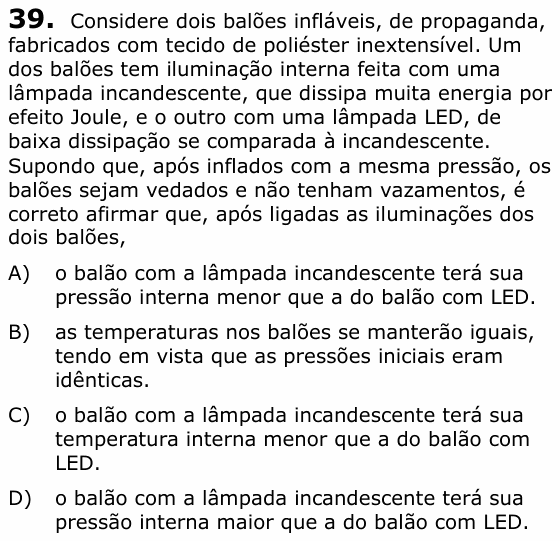 Enunciado da questão 39 de Física do UECE 2019.2