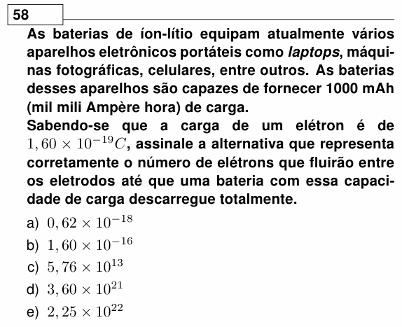 Enunciado da questão 58 de Física do UEL 2012