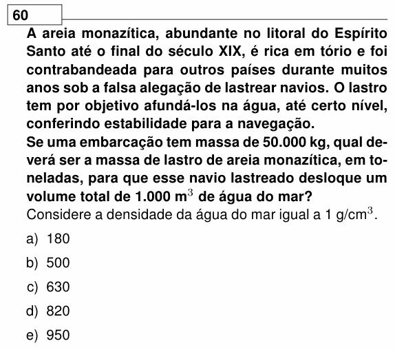 Enunciado da questão 60 de Física do UEL 2012