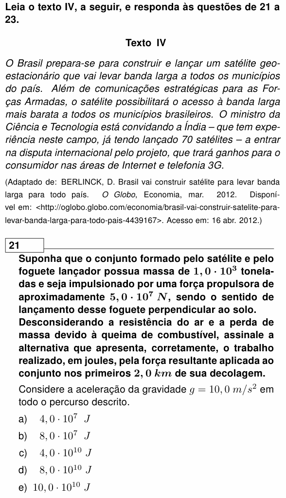 Enunciado da questão 21 de Física do UEL 2013