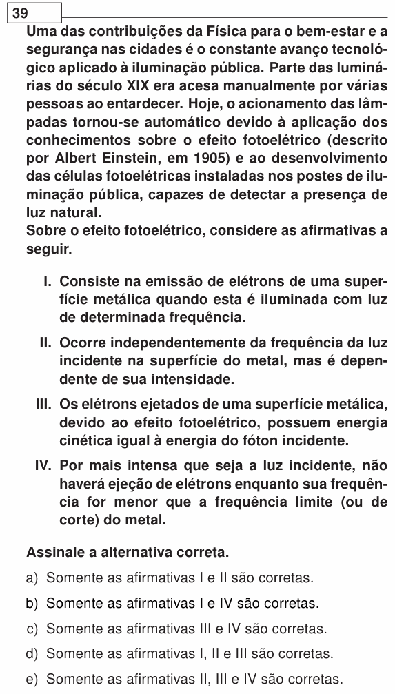 Enunciado da questão 39 de Física do UEL 2014