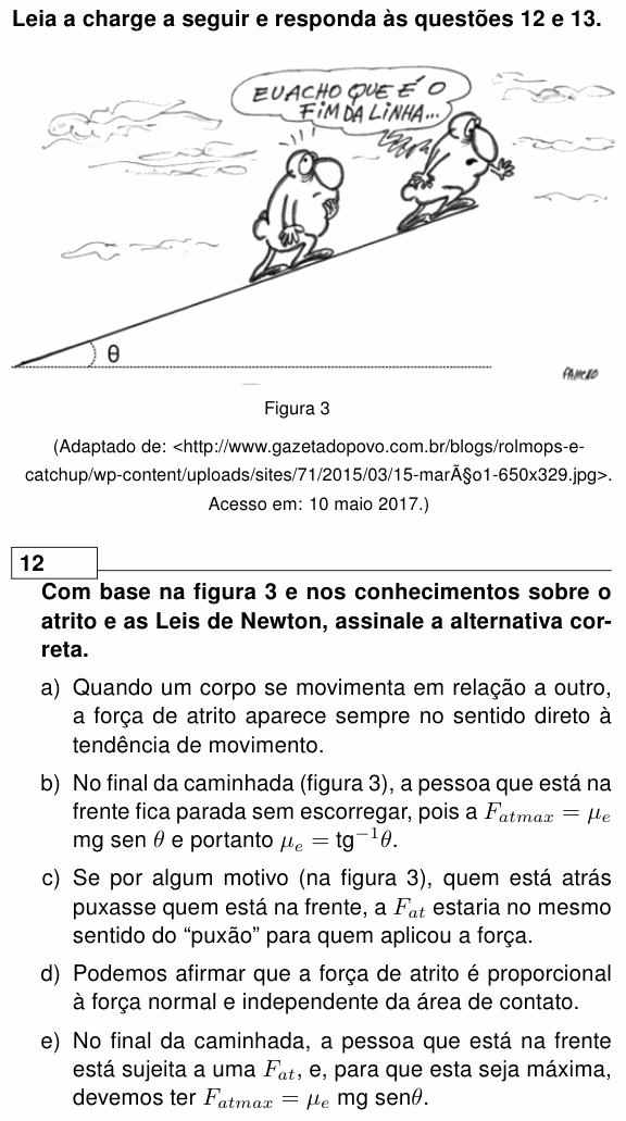 Enunciado da questão 12 de Física do UEL 2018
