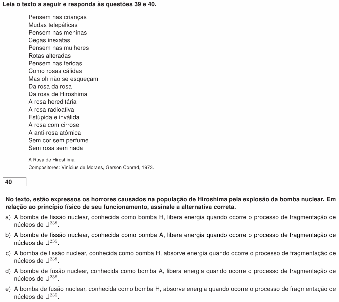 Enunciado da questão 40 de Física do UEL 2019