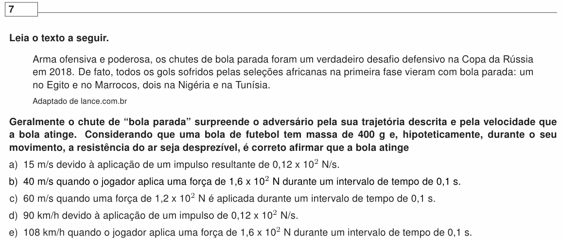 Enunciado da questão 7 de Física do UEL 2019