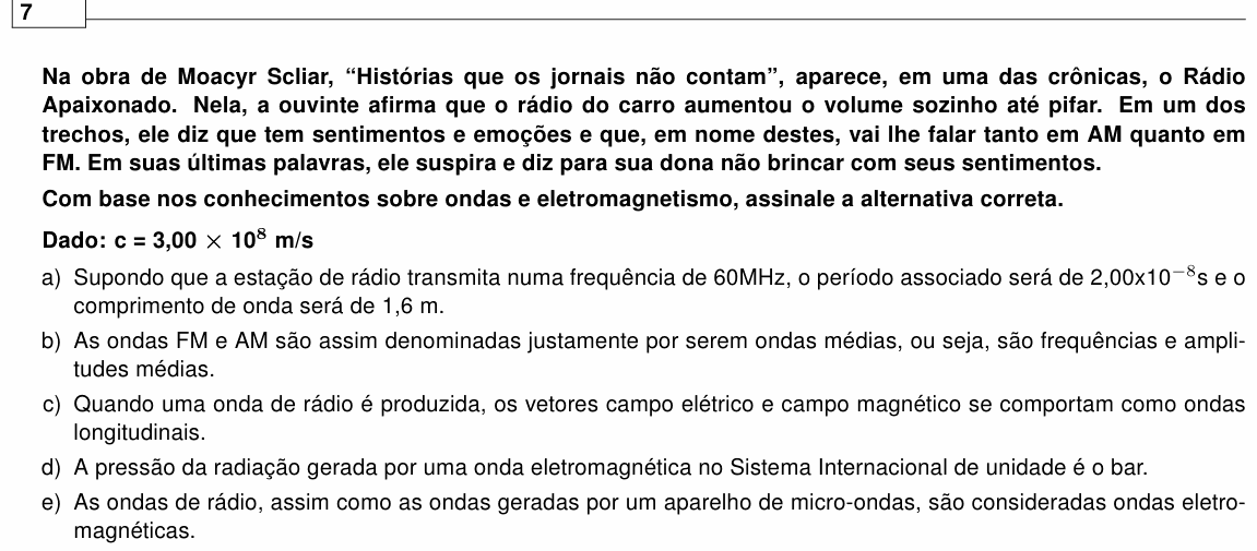 Enunciado da questão 7 de Física do UEL 2022