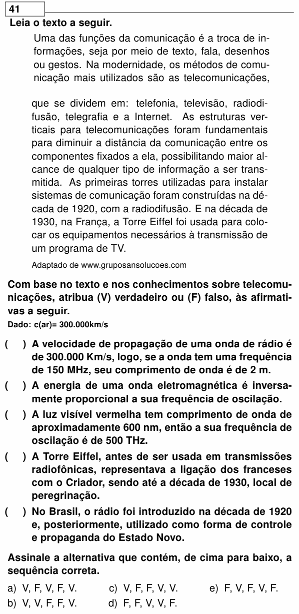 Enunciado da questão 41 de Física do UEL 2024