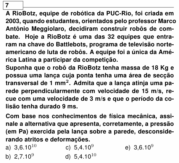 Enunciado da questão 7 de Física do UEL 2024