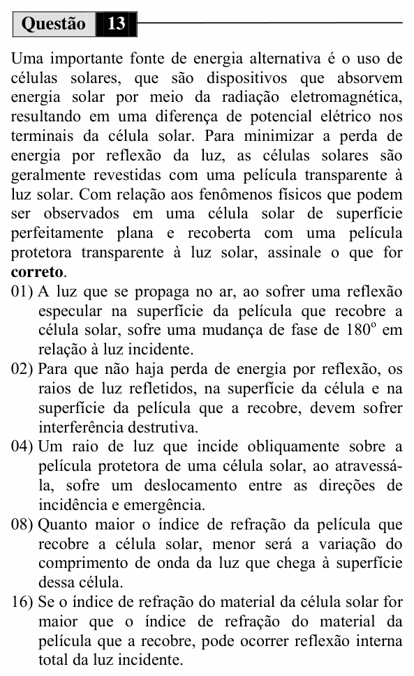 Enunciado da questão 13 de Física do UEM 2010 (Inverno, Conhecimentos Específicos)