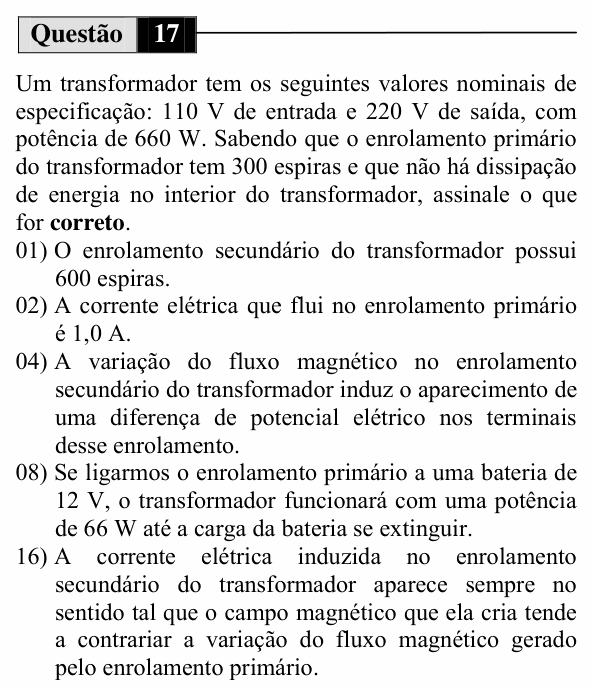 Enunciado da questão 17 de Física do UEM 2010 (Inverno, Conhecimentos Específicos)