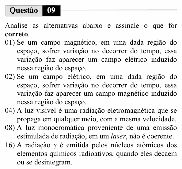Enunciado da questão 9 de Física do UEM 2010 (Inverno, Conhecimentos Específicos)