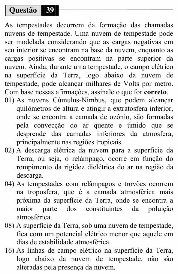 Enunciado da questão 39 de Física do UEM 2010 (Inverno)