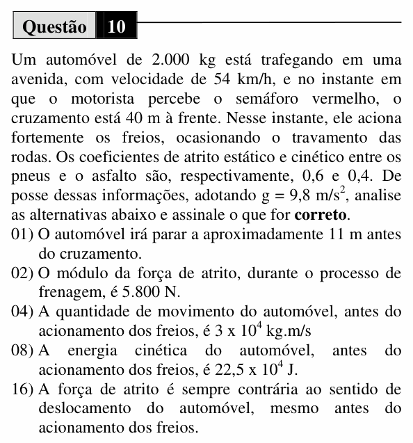 Enunciado da questão 10 de Física do UEM 2010 (Verão, Conhecimentos Específicos)