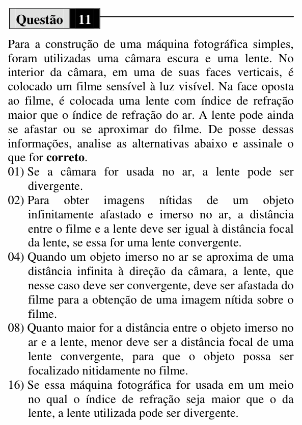 Enunciado da questão 11 de Física do UEM 2010 (Verão, Conhecimentos Específicos)