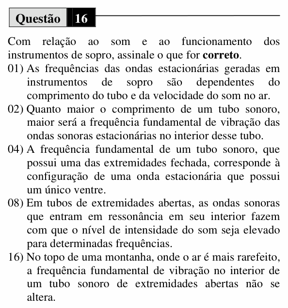 Enunciado da questão 16 de Física do UEM 2010 (Verão, Conhecimentos Específicos)