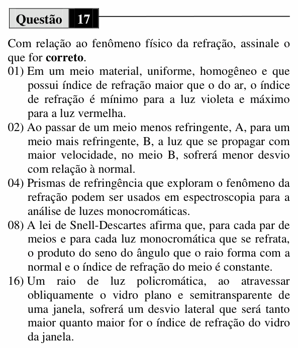 Enunciado da questão 17 de Física do UEM 2010 (Verão, Conhecimentos Específicos)
