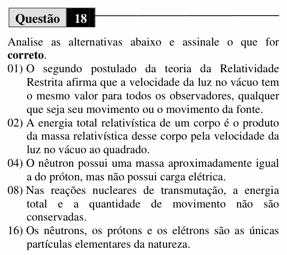 Enunciado da questão 18 de Física do UEM 2010 (Verão, Conhecimentos Específicos)