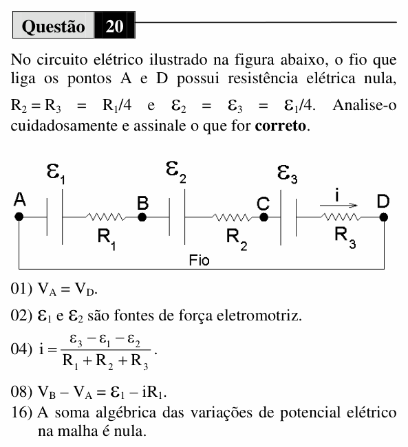 Enunciado da questão 20 de Física do UEM 2010 (Verão, Conhecimentos Específicos)