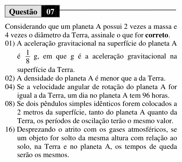 Enunciado da questão 7 de Física do UEM 2010 (Verão, Conhecimentos Específicos)