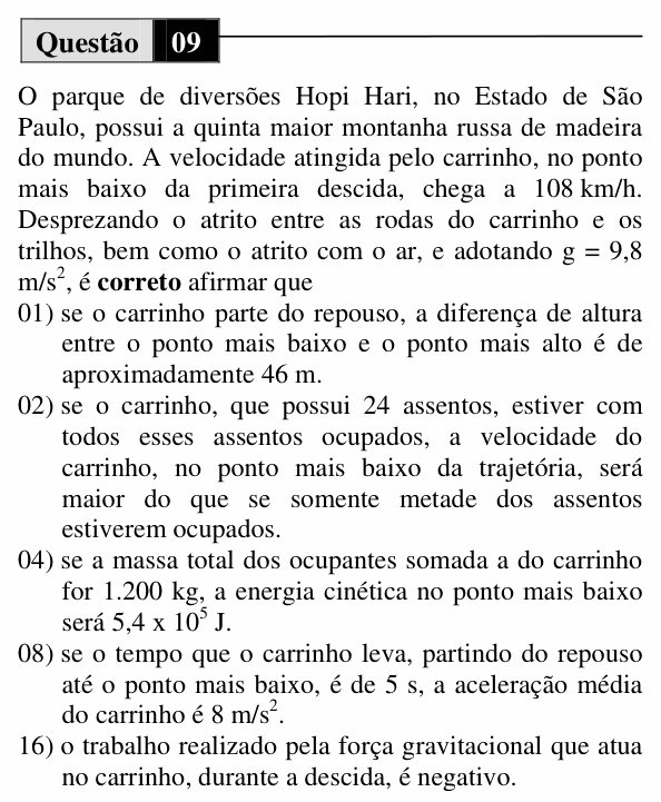 Enunciado da questão 9 de Física do UEM 2010 (Verão, Conhecimentos Específicos)