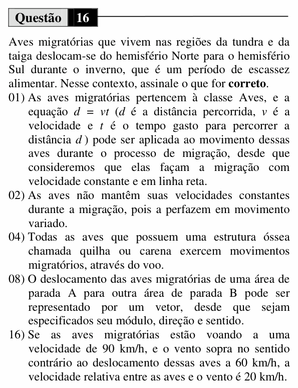 Enunciado da questão 16 de Física do UEM 2010 (Verão)