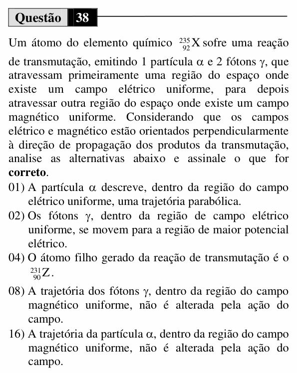Enunciado da questão 38 de Física do UEM 2010 (Verão)