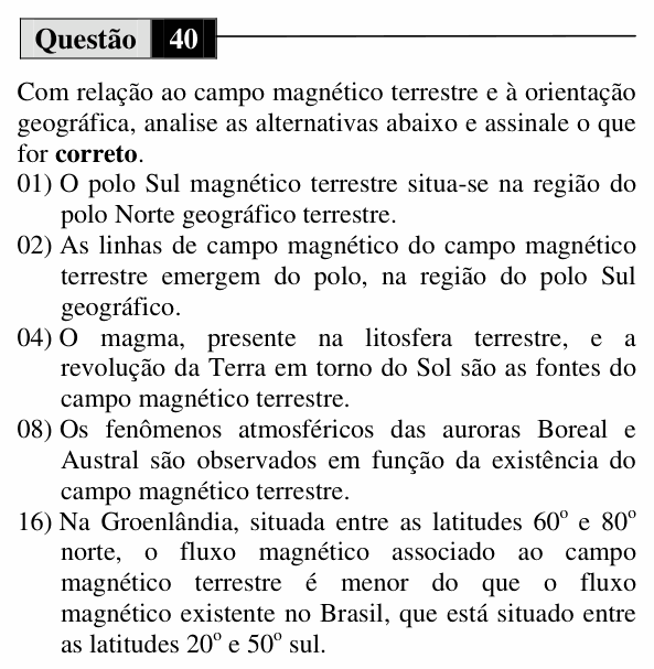 Enunciado da questão 40 de Física do UEM 2010 (Verão)