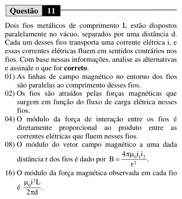 Enunciado da questão 11 de Física do UEM 2011 (Inverno, Conhecimentos Específicos)