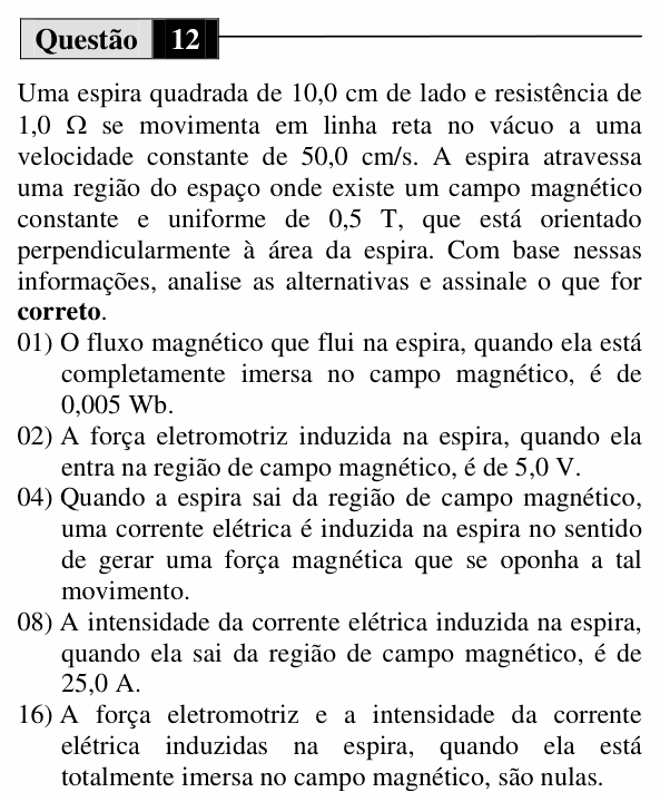 Enunciado da questão 12 de Física do UEM 2011 (Inverno, Conhecimentos Específicos)
