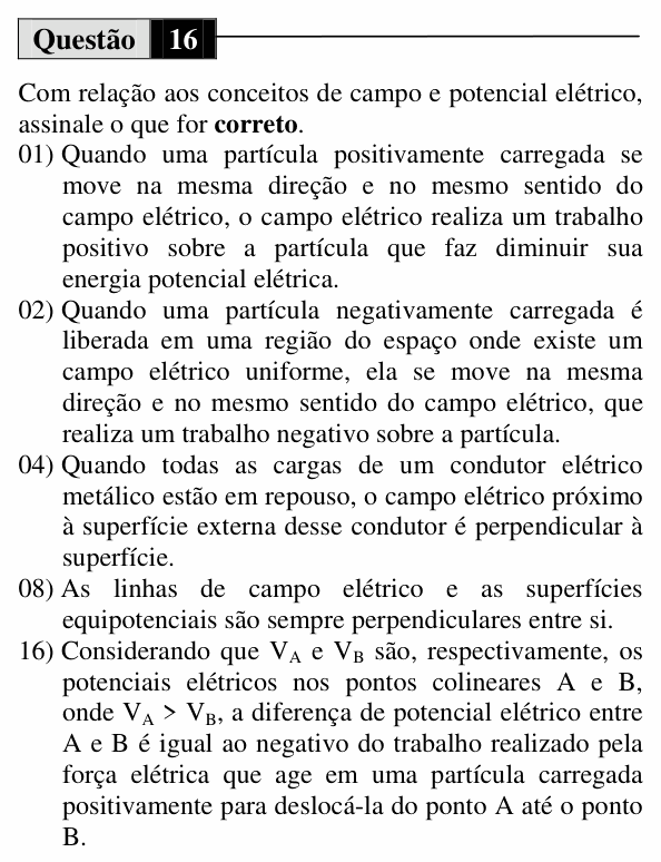 Enunciado da questão 16 de Física do UEM 2011 (Inverno, Conhecimentos Específicos)