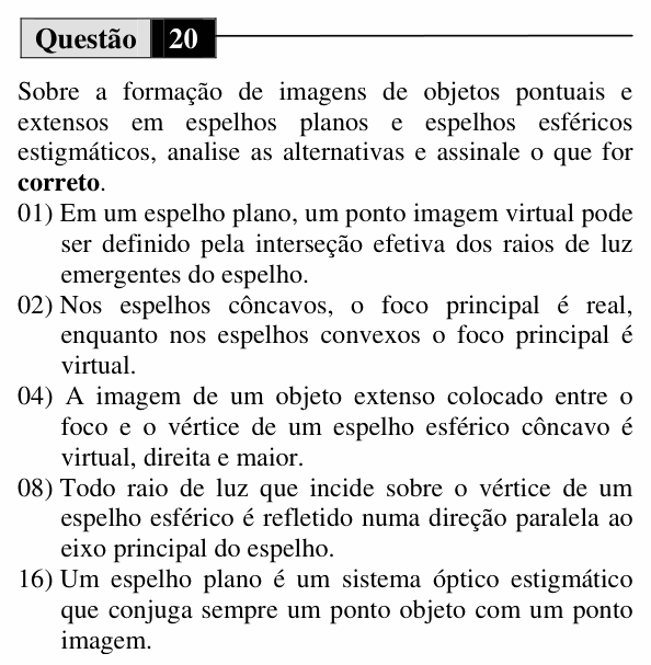 Enunciado da questão 20 de Física do UEM 2011 (Inverno, Conhecimentos Específicos)
