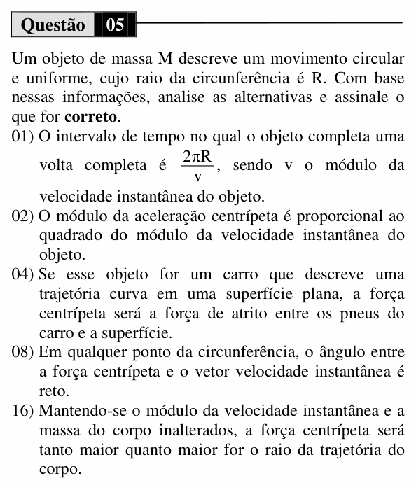 Enunciado da questão 5 de Física do UEM 2011 (Inverno, Conhecimentos Específicos)
