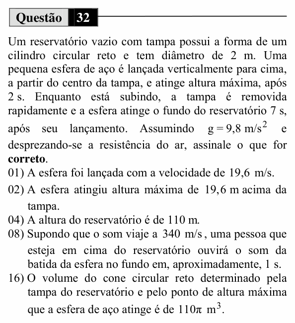 Enunciado da questão 32 de Física do UEM 2011 (Inverno)