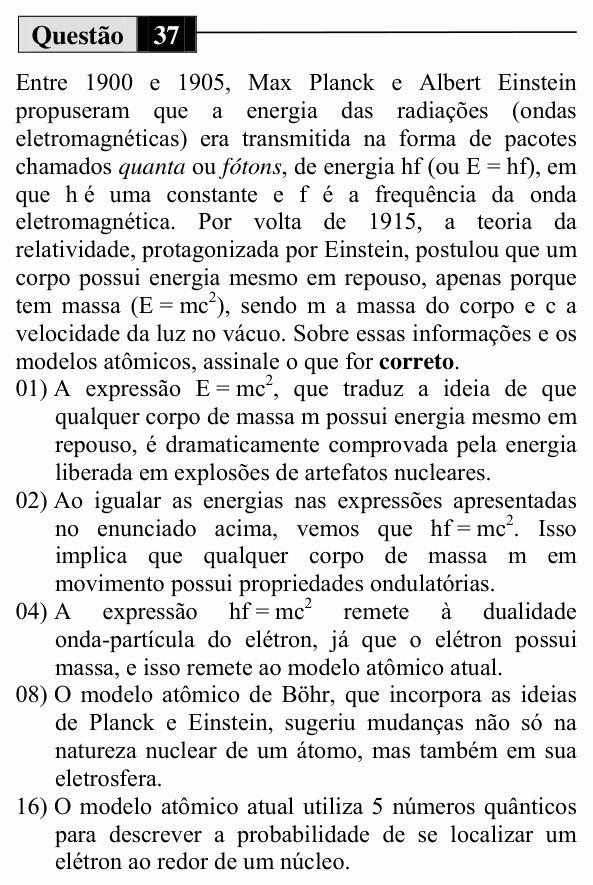 Enunciado da questão 37 de Física do UEM 2011 (Inverno)