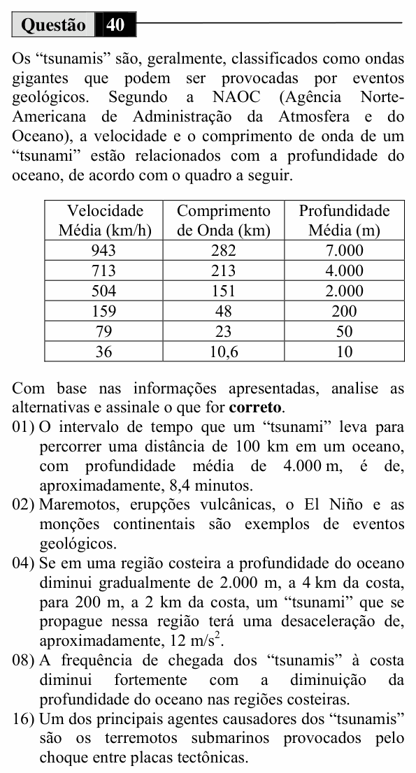 Enunciado da questão 40 de Física do UEM 2011 (Inverno)