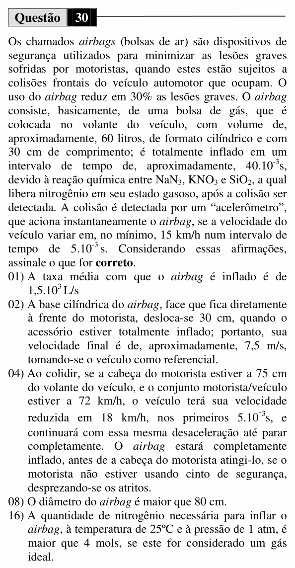 Enunciado da questão 30 de Física do UEM 2011 (Verão)