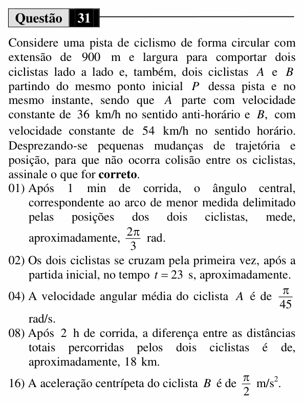 Enunciado da questão 31 de Física do UEM 2011 (Verão)