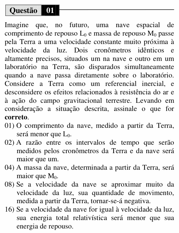Enunciado da questão 1 de Física do UEM 2012 (Inverno, Conhecimentos Específicos)