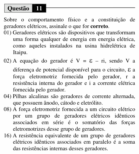 Enunciado da questão 11 de Física do UEM 2012 (Inverno, Conhecimentos Específicos)