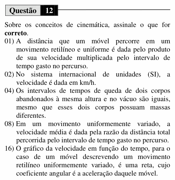 Enunciado da questão 12 de Física do UEM 2012 (Inverno, Conhecimentos Específicos)